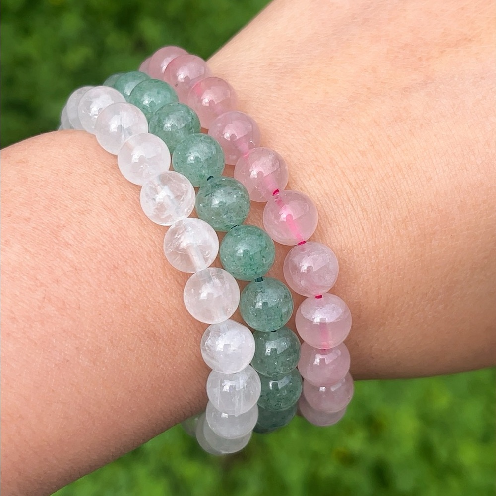 8mm stretchable‎ rose quartz, clear quartz, green strawberry quartz bracelet set